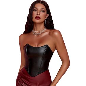 SOLY HUX Women's PU Leather Overbust Corset Bandana Tube Tops Lace up Strapless Boned Body Shaper Bustier