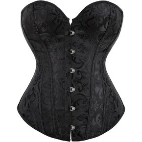 Women's Sexy Satin Corset-Bustier Floral Print Boned Overbust Corset Top Black Satin Waist Cincher