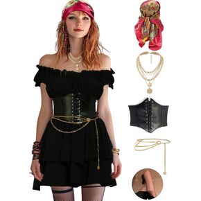 Pirate Costume Women Sexy Womens Pirate Romper Dress Outfit with Bandana Corset Accessories 6PCS