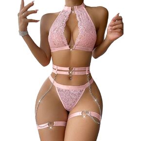 Sexy Halter Heart Ring Cutout Chain Floral Lace Sheer Garter Belt Lingerie Set 3 Piece