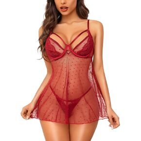 RSLove Women Sexy Babydoll Lingerie - الدانتيل شفاف الشبكة Sleepwear Polka Dots Bridal Chemise Dress