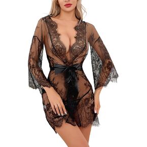 Narcisse Women's Lingerie Lace Kimono Robe Mesh Nightgown for Women Chemise Babydoll Lingerie Cover Up Sheer Robe with Belt