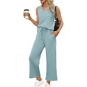XIEERDUO Two Piece Sets for Women Summer Vacation Travel Outfits V Neck Lounge Matching Sets