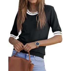 Kistore Womens Short Sleeve Sweaters Crewneck Sweater Shirts Business Casual Tops Outfits with Decor Buttons