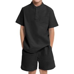 Jiamy Boy's 2 قطعة صيفية الملابس غير الرسمية Henley زر أسفل القمصان القصيرة الأكمام ومجموعات قصيرة سراويل ملابس الأطفال