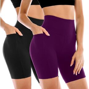 2 Pack Womens Biker Shorts with Pockets, High Waisted Tummy Control Yoga Shorts for Women Running Gym and Workout