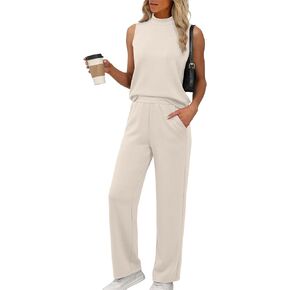 XIEERDUO Two Piece Sets for Women Summer Outfits Travel Mock Neck Lounge Sets Wide Leg Pants Beach Vacation Clothes