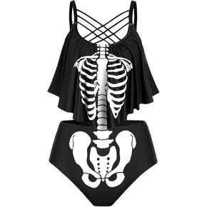 Rosegal Womens Plus Size Skeleton Print Flounce Crisscross Strappy Tankini Swimwear Set