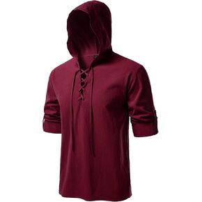 Men's Pure Cotton Retro Style Lace Up Hooded Shirts for Renaissance Pirate Viking Medieval Costume