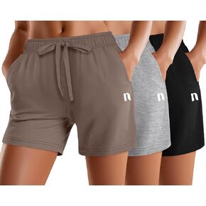 Neer 3 Pack Women's Sweat Shorts, Summer Drawstring Cotton Shorts with Pocket Loose Athletic Lounge Casual Running Bottoms in Kuwait