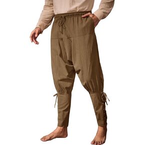 Runcati Mens Medieval Ankle Banded Pants Renaissance Viking Pirate Navigator Pants Lace Up Cotton Halloween Trousers