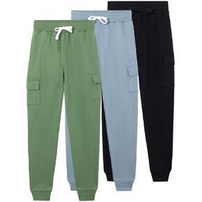 Real Essentials 3 Pack: Boys Fleece Cargo Jogger Sweatpants Athletic Workout Kids Pocket and Drawstring Size 4-18