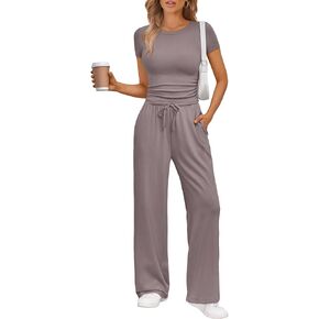 Trendy Queen 2 Piece Matching Summer Sweatsuit Lounge Set Womens Wide Leg Pants Side Ruching Crop Top Sets