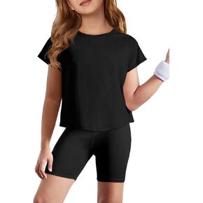 Haloumoning Girls Loose Athletic Shirts Short Sleeve Crop Tops Kids Quick Dry Gym Yoga Tees 5-14 Years in Kuwait