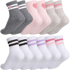 Jspupifip 6 Pairs Kids Girls Pink White Crew Athletic Socks with Retro Stripes Hearts, Casual Stretchy Socks for Girls and Boys 6-12 Years