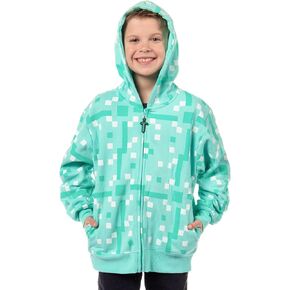 Mad Engine Minecraft Boys' Diamond Steve Allover Pixelated Design Big Kids Full-Zip Hoodie Rubber Sword Zipper Pull