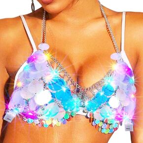 Zoestar Light Up Sequin Bra Top Flowing LED Rave Costume Tops Sparkly Summer Beach Bikini Bra for Women