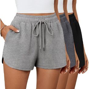 Riyiper 3 Pack Women's Waffle Knit Shorts Cotton Drawstring Lounge Summer Comfy Casual Shorts with Pockets