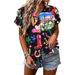القميص الغربي للنساء قمصان رعاة البقر بزر الرسوم البيانية لأسفل ملابس Country Retro Cowboy Tops
