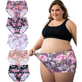 Women's Plus Size Underwear Panties Brief Ladies Floral Print Panties High Waist Plus Underwear 5-Pack for Women