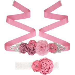 2 Pcs Sash Belt Headband with Flowers Set Maternity Sash Pearls Flower Sash Belt for Women Bridal Wedding Dress Baby Shower