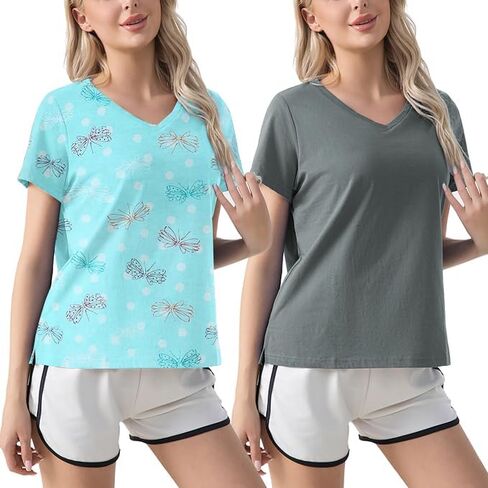 ENJOYNIGHT 2 Pack Womens Pajama Tops Cotton T-Shirt V-Neck Soft Sleep Pj Shirt Short Sleeves in Saudi Arabia