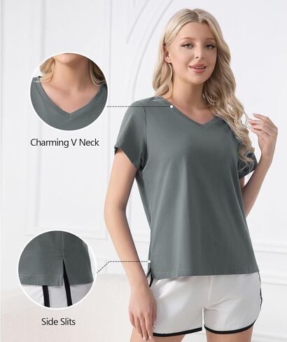 ENJOYNIGHT 2 Pack Womens Pajama Tops Cotton T-Shirt V-Neck Soft Sleep Pj Shirt Short Sleeves in Saudi Arabia