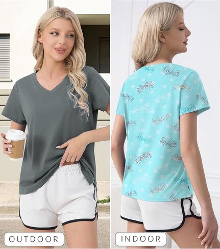 ENJOYNIGHT 2 Pack Womens Pajama Tops Cotton T-Shirt V-Neck Soft Sleep Pj Shirt Short Sleeves in Saudi Arabia