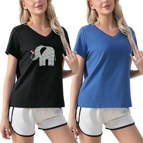 ENJOYNIGHT 2 Pack Womens Pajama Tops Cotton T-Shirt V-Neck Soft Sleep Pj Shirt Short Sleeves in Saudi Arabia