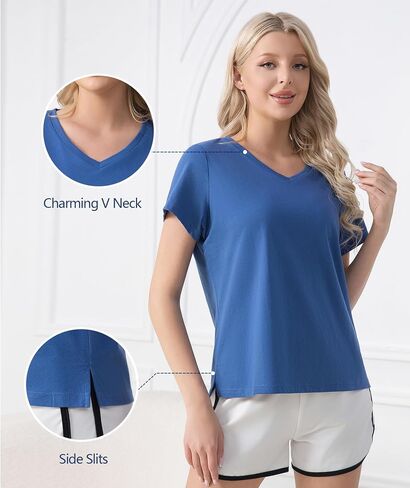 ENJOYNIGHT 2 Pack Womens Pajama Tops Cotton T-Shirt V-Neck Soft Sleep Pj Shirt Short Sleeves in Saudi Arabia