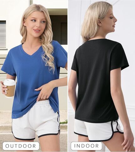 ENJOYNIGHT 2 Pack Womens Pajama Tops Cotton T-Shirt V-Neck Soft Sleep Pj Shirt Short Sleeves in Saudi Arabia