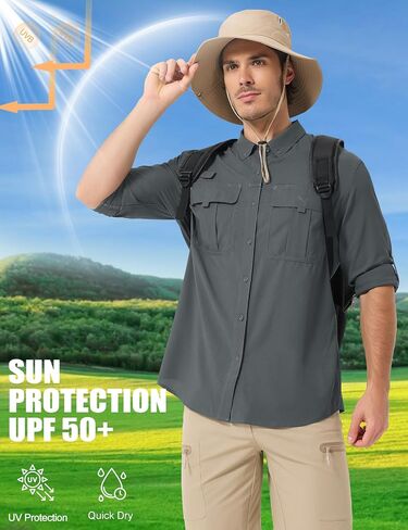 MAGCOMSEN Men's Sun Protection Fishing Shirts UPF 50+ UV Quick Dry Long Sleeve Button Down Shirts Safari Hiking Travel in Kuwait