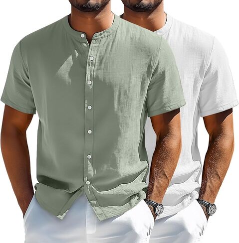 2 Pack Men's Short Sleeve Linen Shirts, Button Down Cotton Beach Vacation Casual Summer Tees in Saudi Arabia