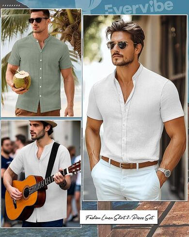 2 Pack Men's Short Sleeve Linen Shirts, Button Down Cotton Beach Vacation Casual Summer Tees in Saudi Arabia