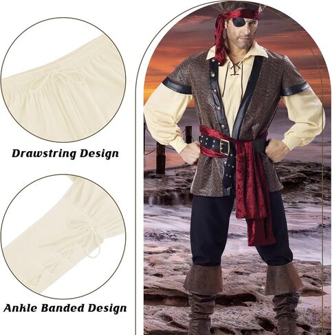 Men's Pirate Renaissance Pants with Ankle Banding - Medieval Viking Navigator Costume Cosplay - Drawstrings in Kuwait