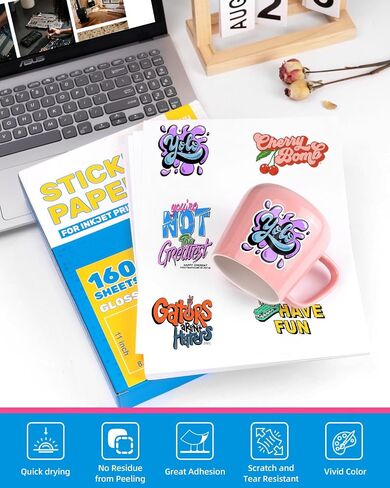 QYH Sticker Paper for Inkjet Printer - 160 Sheets Matte Printable Vinyl Sticker Papers 8.5x11 In Premium White Labels Waterproof Stickers for Cricut Dries Quickly & Tear Resistant Easy Weeding in Kuwait