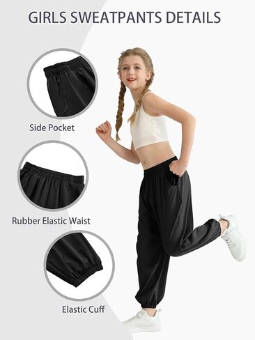QBK 3T-14Years Girls Summer Lightweight Baggy Joggers with Pockets,Wide Leg Sweatpants Cinched Bottom Hip Hop Dance Pants in Kuwait