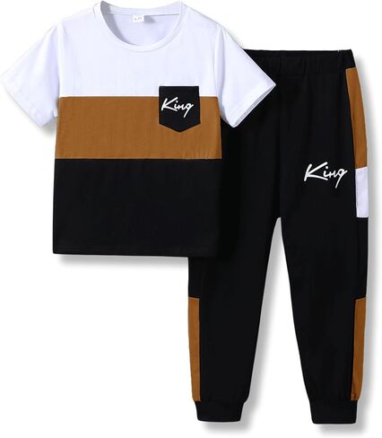 Size 6-12 Years Boys Fashion Clothes Spring Summer Short Sleeve Top & Pants Color Block Clothing Sets in Kuwait