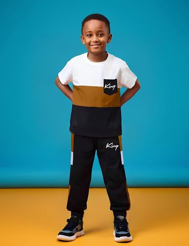 Size 6-12 Years Boys Fashion Clothes Spring Summer Short Sleeve Top & Pants Color Block Clothing Sets in Kuwait