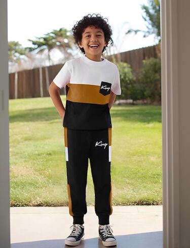 Size 6-12 Years Boys Fashion Clothes Spring Summer Short Sleeve Top & Pants Color Block Clothing Sets in Kuwait