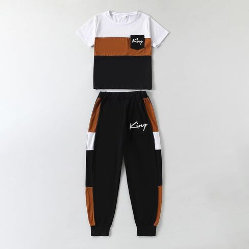 Size 6-12 Years Boys Fashion Clothes Spring Summer Short Sleeve Top & Pants Color Block Clothing Sets in Kuwait