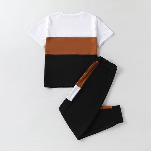 Size 6-12 Years Boys Fashion Clothes Spring Summer Short Sleeve Top & Pants Color Block Clothing Sets in Kuwait