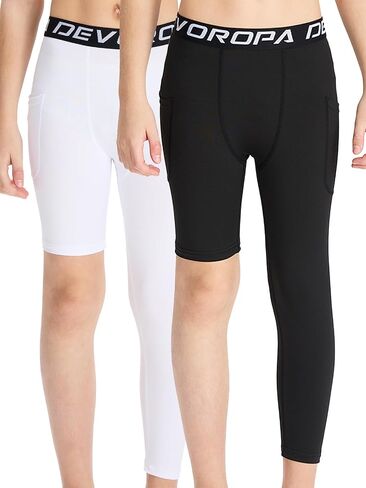 DEVOROPA Youth Boys One Leg Compression Pants for Basketball 3/4 Leggings Sports Tights Athletic Soccer Baselayer Pockets in Saudi Arabia