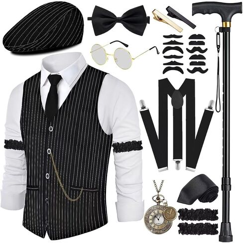 1920s Mens Costume Roaring 20s Costumes Accessories Set 1920s Vest Suspenders Hat Pocket Watch Tie in Kuwait