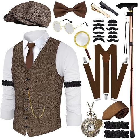 1920s Mens Costume Roaring 20s Costumes Accessories Set 1920s Vest Suspenders Hat Pocket Watch Tie in Kuwait