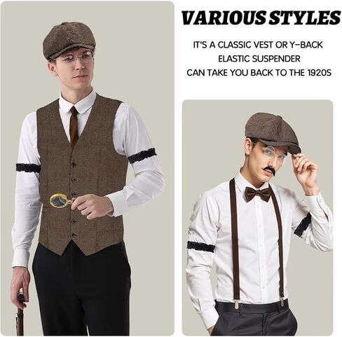 1920s Mens Costume Roaring 20s Costumes Accessories Set 1920s Vest Suspenders Hat Pocket Watch Tie in Kuwait