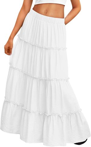 Trendy Queen Long Skirts for Women Boho Maxi Skirt Summer Swing Tiered A-Line Elastic High Waist Dress with Pockets Fashion in Saudi Arabia