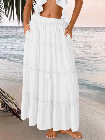 Trendy Queen Long Skirts for Women Boho Maxi Skirt Summer Swing Tiered A-Line Elastic High Waist Dress with Pockets Fashion in Saudi Arabia