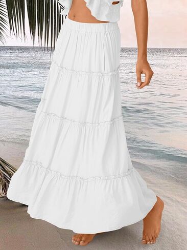 Trendy Queen Long Skirts for Women Boho Maxi Skirt Summer Swing Tiered A-Line Elastic High Waist Dress with Pockets Fashion in Saudi Arabia