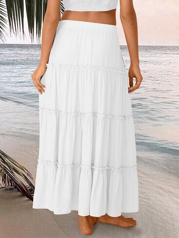 Trendy Queen Long Skirts for Women Boho Maxi Skirt Summer Swing Tiered A-Line Elastic High Waist Dress with Pockets Fashion in Saudi Arabia